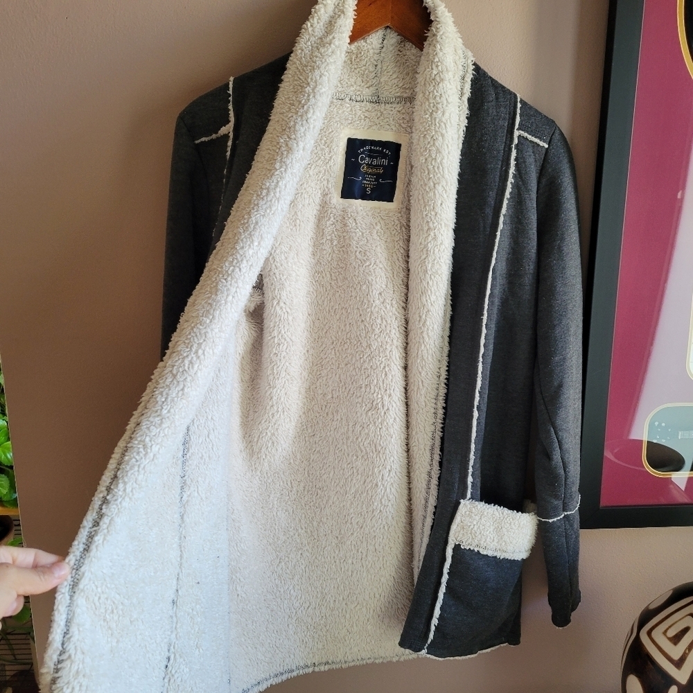 Cavalini Sherpa Jacket Small Open Front Pockets Lightweight Dark Grey Cardigan - Picture 4 of 12